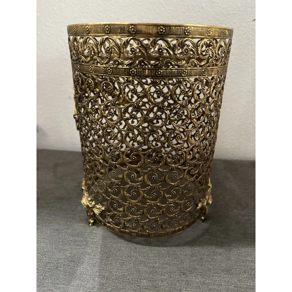 Hollywood Regency Gold Filigree Scroll Footed Trash Can NO Liner 11